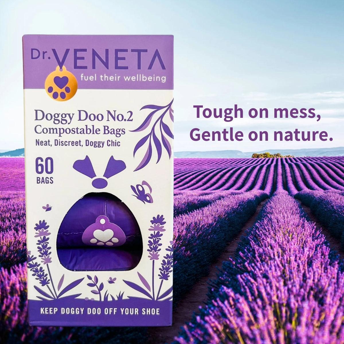 Dr. Veneta doggy doo bags packaging with lavender field in the background