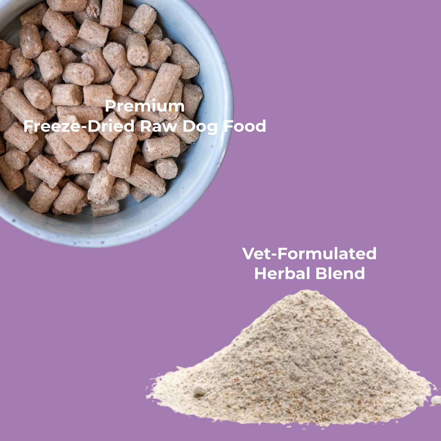Bowl of premium freeze-dried raw dog food with a pile of vet-formulated herbal blend on a purple background.