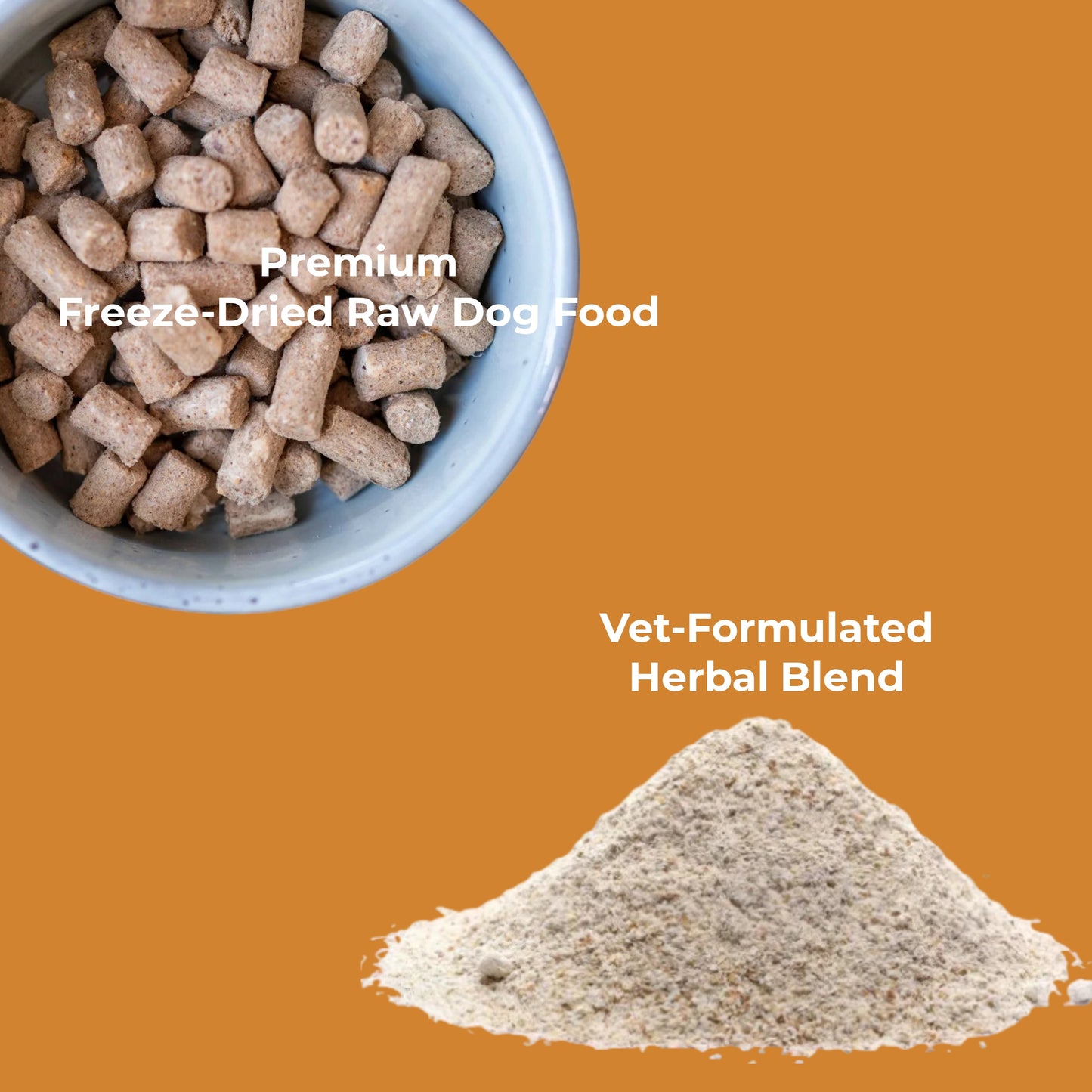 Bowl of freeze-dried raw dog food with a pile of powder on an orange background, labeled as 'Premium Freeze-Dried Raw Dog Food' and 'Vet-Formulated Herbal Blend'.