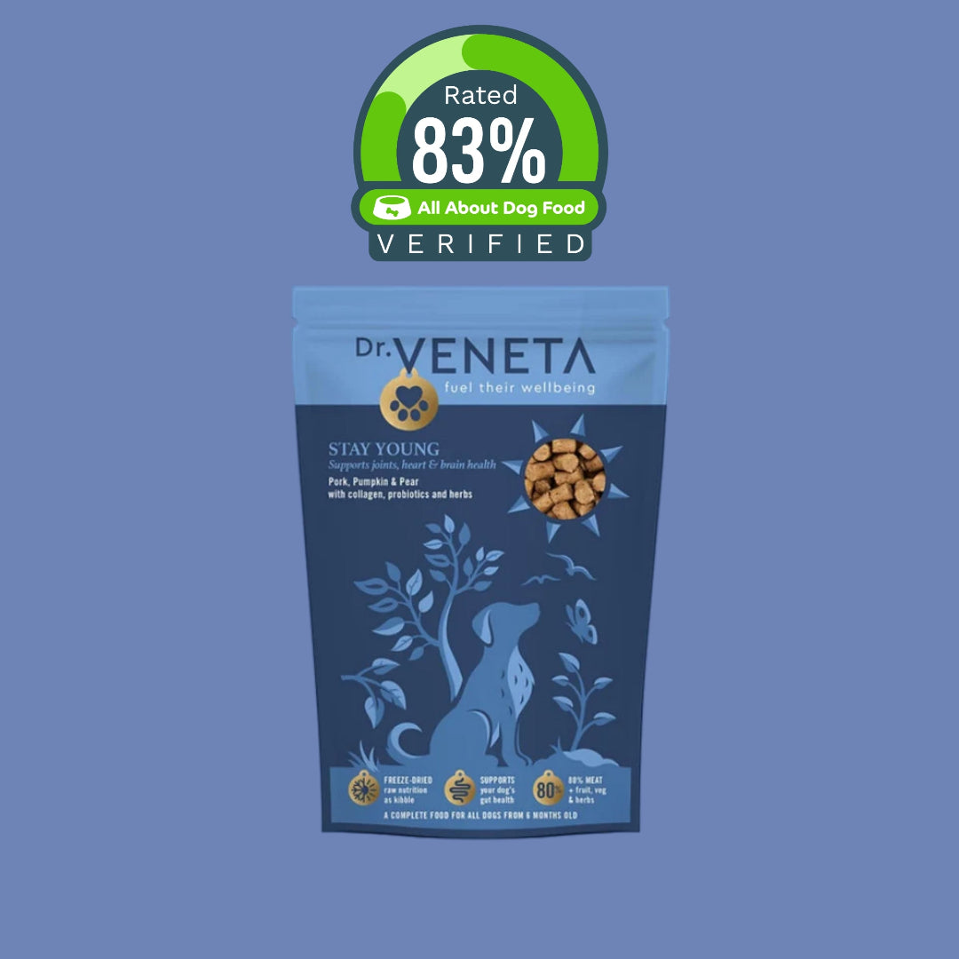 Dr Veneta Stay Young pork, pumpkin and pear dog food with 83% verified rating badge