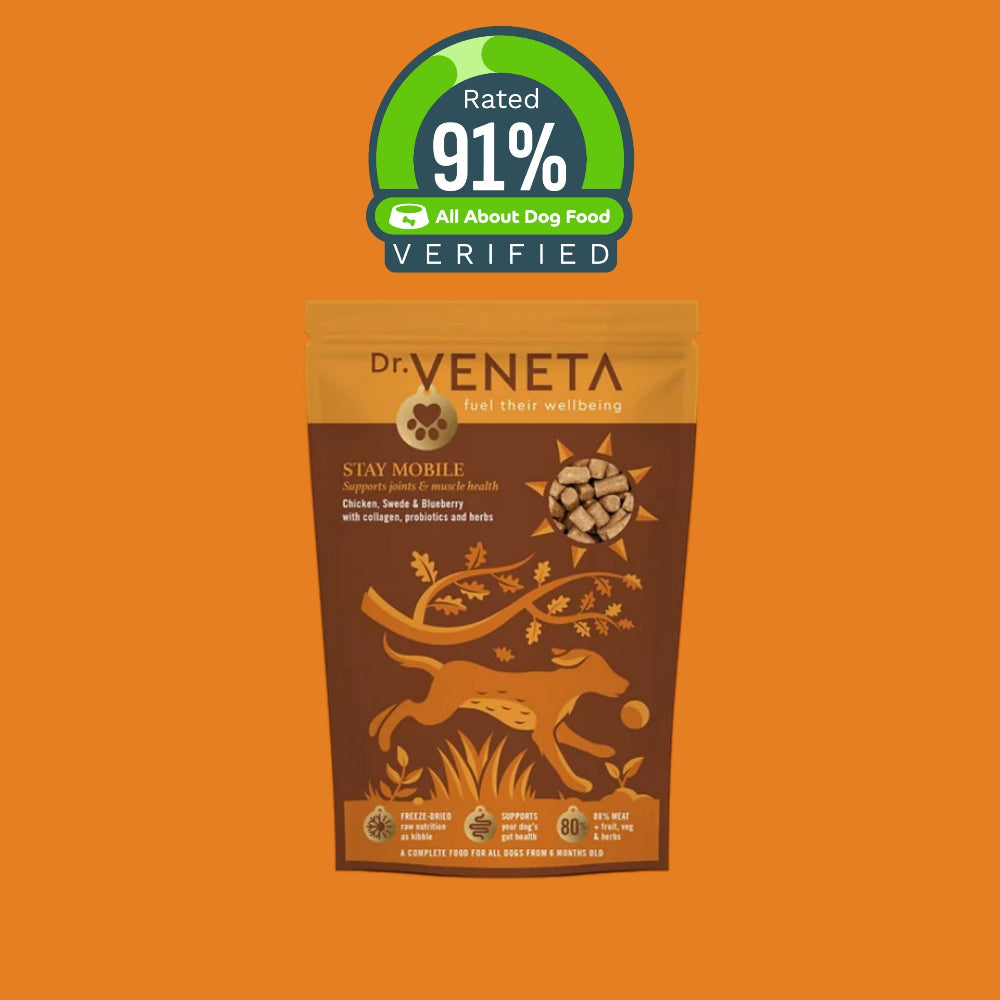 Dr Veneta Stay Mobile dog food with duck, sweet potato and verified 91% rating badge
