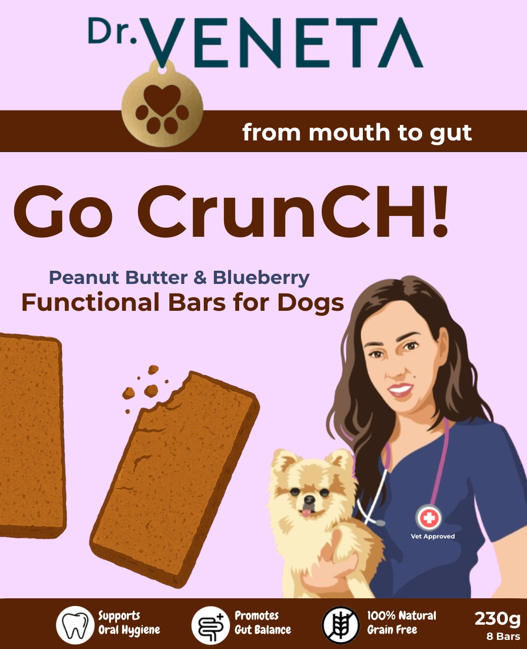 Dr Veneta Go Crunch peanut butter and blueberry functional bars for dogs