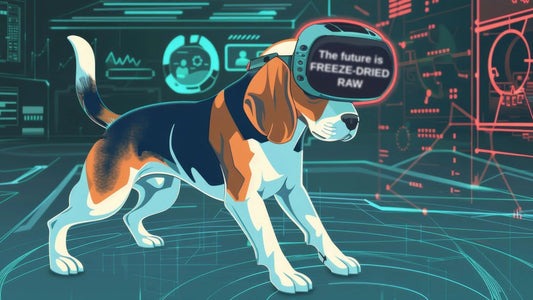 Illustration of a dog wearing futuristic glasses with the words “The future is freeze-dried raw”