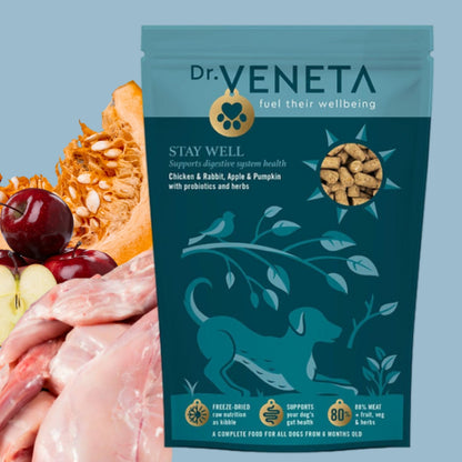 Dr. Veneta STAY WELL dog food package with ingredients on a blue background