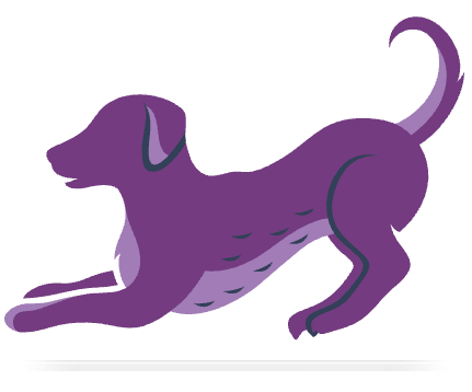 Purple dog illustration representing Dr Veneta brand mascot in a playful pose