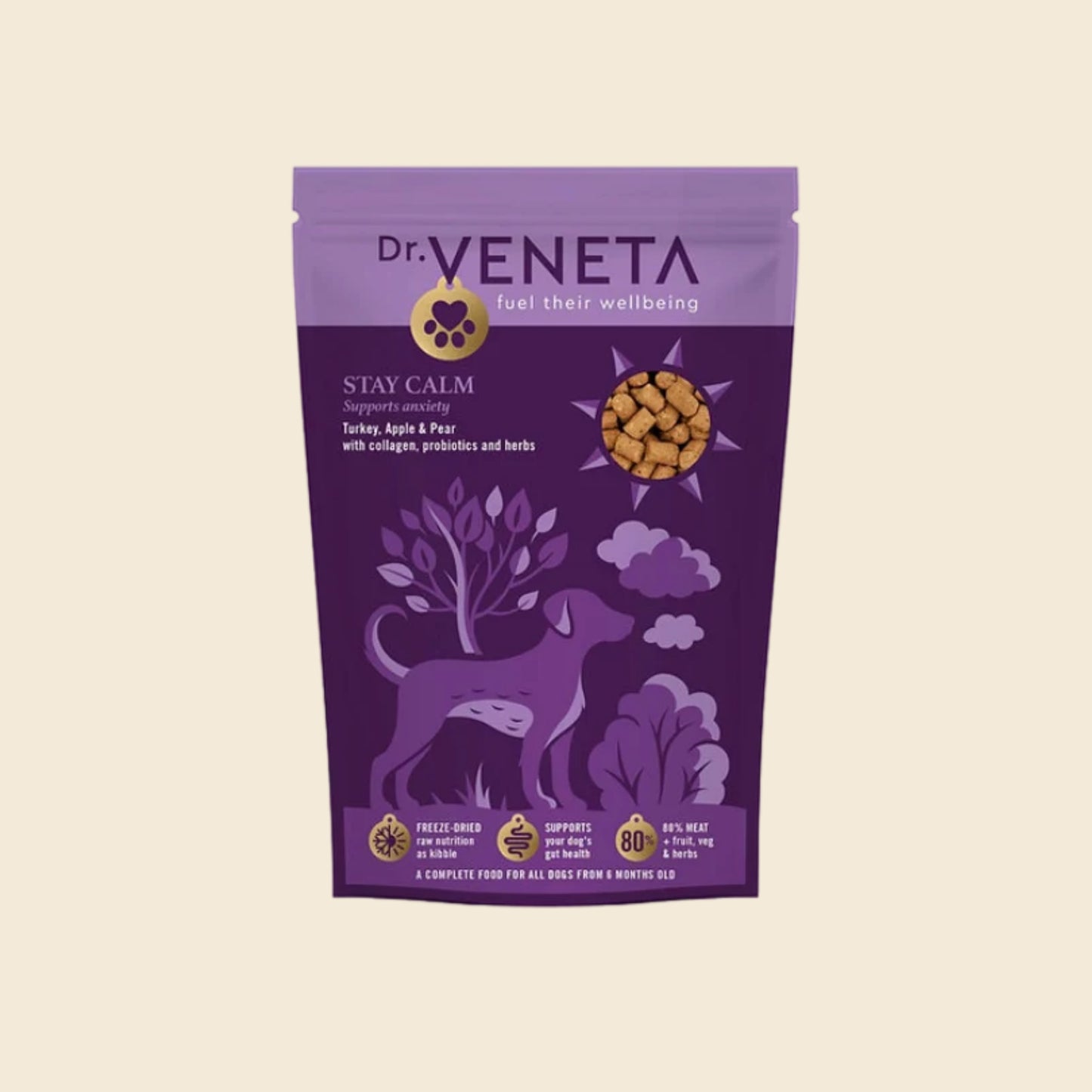 A purple stand-up pouch of Dr. Veneta Stay Calm dog food, featuring illustrations of a dog and plants on a light beige background.