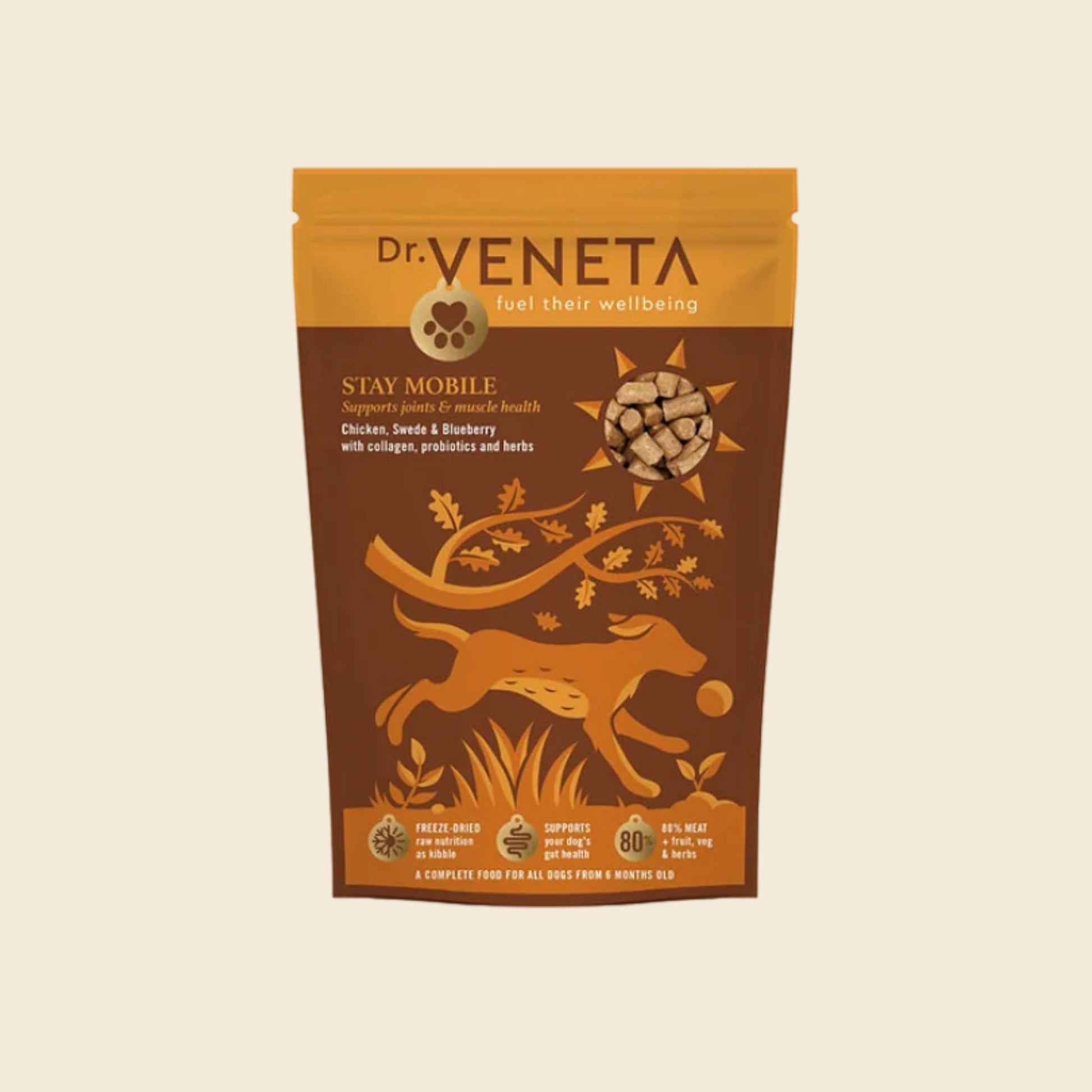 A stand-up pouch of Dr. Veneta Stay Mobile dog food, featuring a brown and golden-yellow design with an illustration of a running dog and a bone, set against a solid cream background.