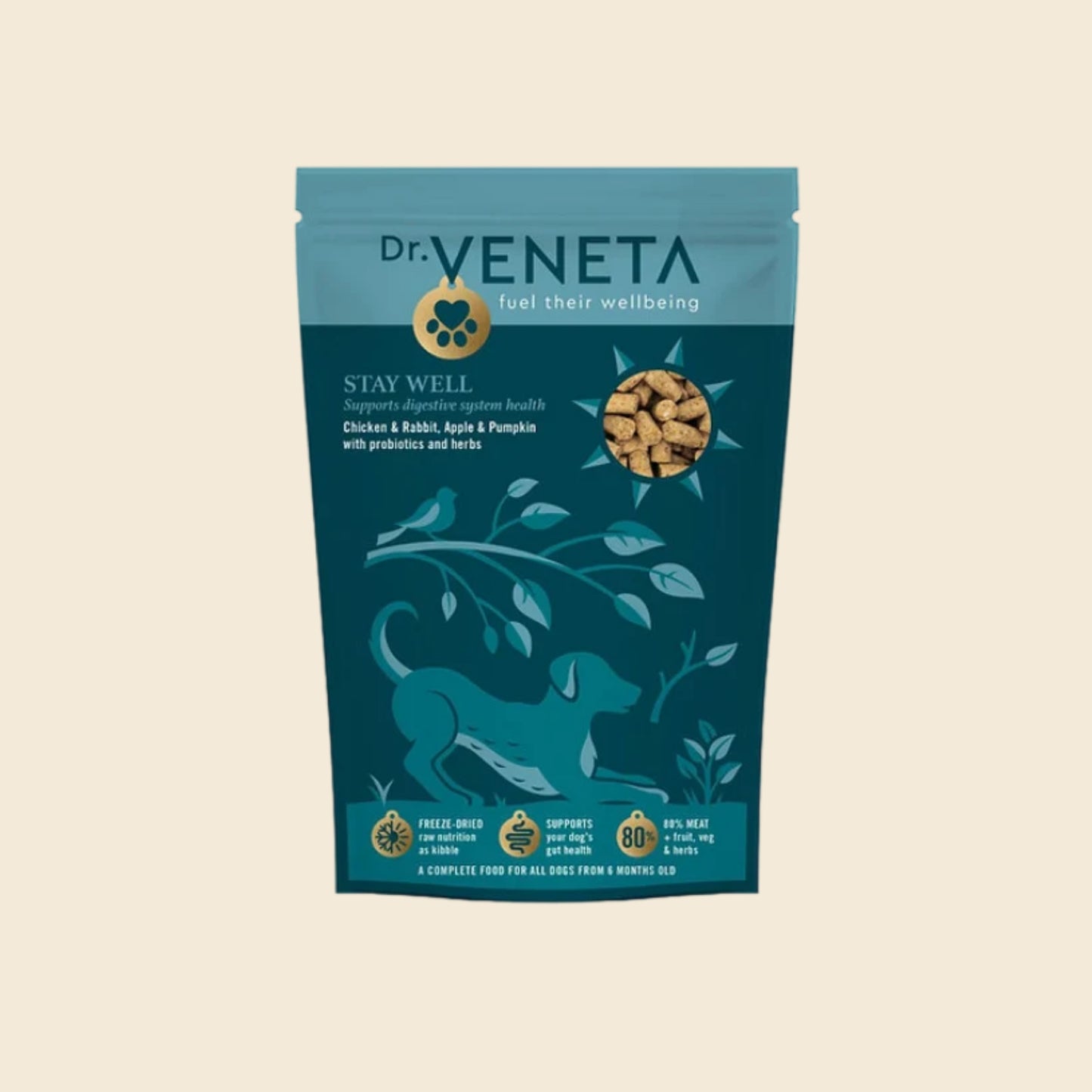 A stand-up pouch of Dr. Veneta Stay Well dog supplements, featuring a teal and dark teal design with a dog silhouette, leaf illustrations, and a circular inset showing the brown capsules inside.
