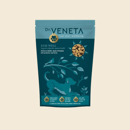 A stand-up pouch of Dr. Veneta Stay Well dog supplements, featuring a teal and dark teal design with a dog silhouette, leaf illustrations, and a circular inset showing the brown capsules inside.