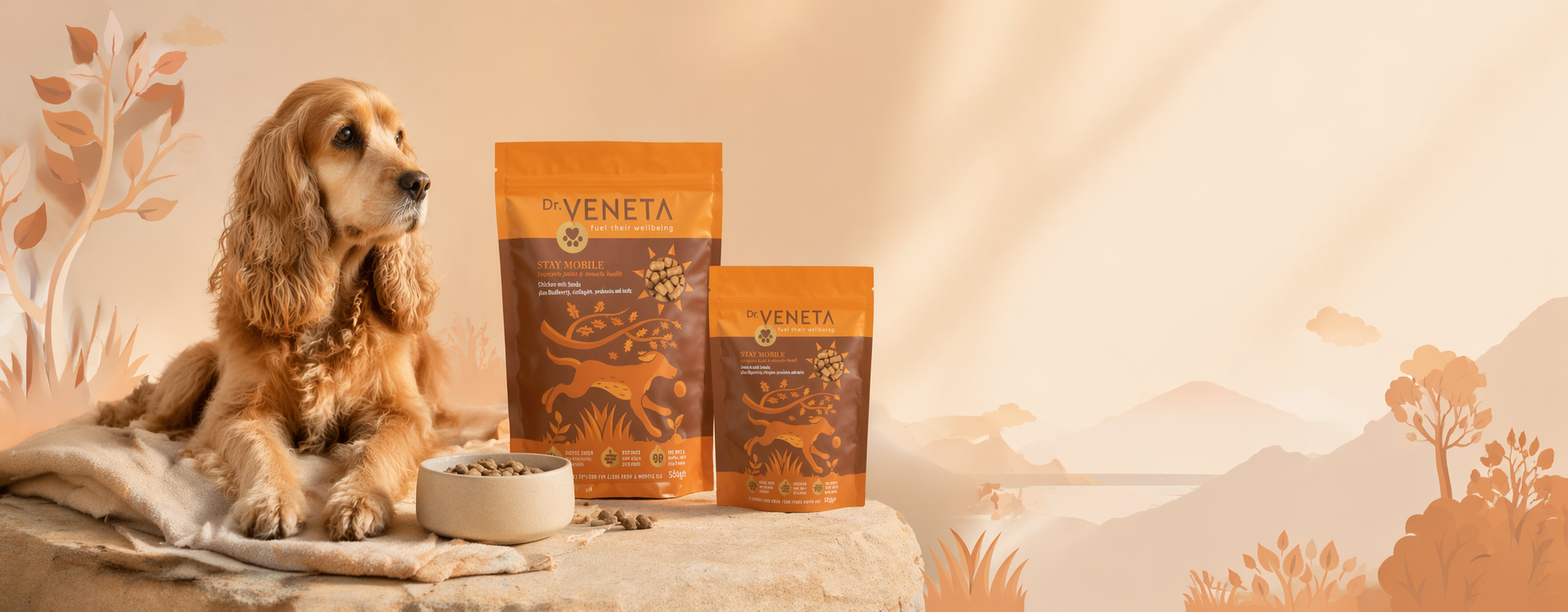 Dog sitting next to Veneta pet food packages on a wooden surface with a decorative background.