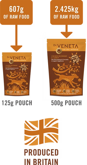 Dr. Veneta food packs compared to equivalent raw food quantities