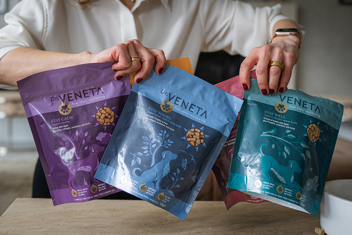 Dr. Veneta freeze-dried raw dog food pouches in assorted flavours, held above a table.