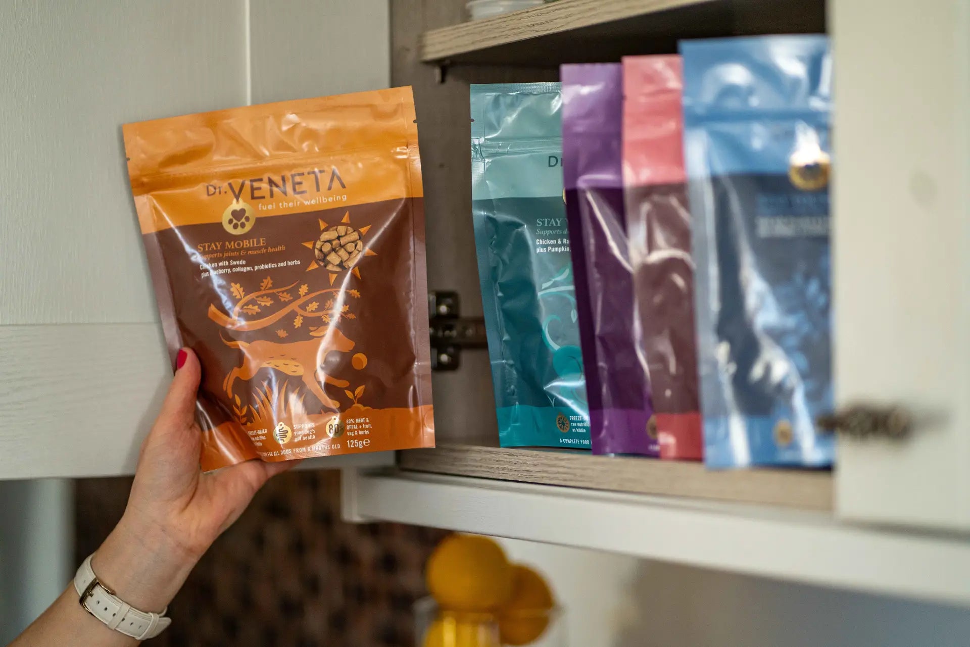 Dr Veneta natural pet wellness products stored in reusable packaging