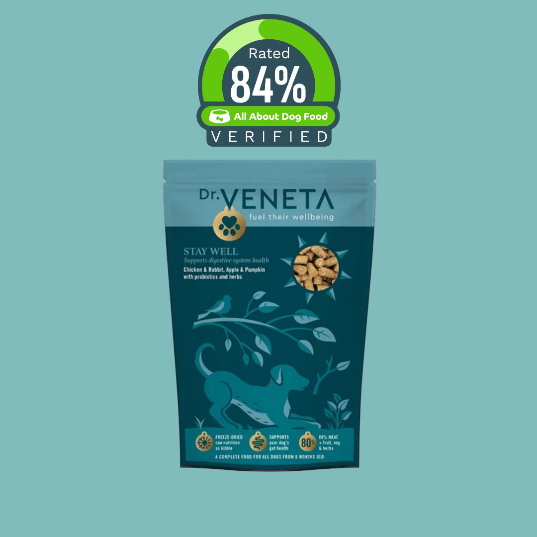 Dr Veneta Stay Well chicken and rabbit dog food with 84% verified rating badge