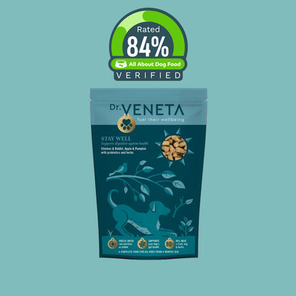 Dr Veneta Stay Well chicken and rabbit dog food with 84% verified rating badge