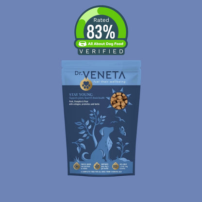 Dr Veneta Stay Young pork, pumpkin and pear dog food with 83% verified rating badge