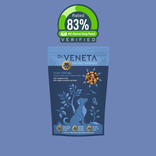 Dr Veneta Stay Young pork, pumpkin and pear dog food with 83% verified rating badge