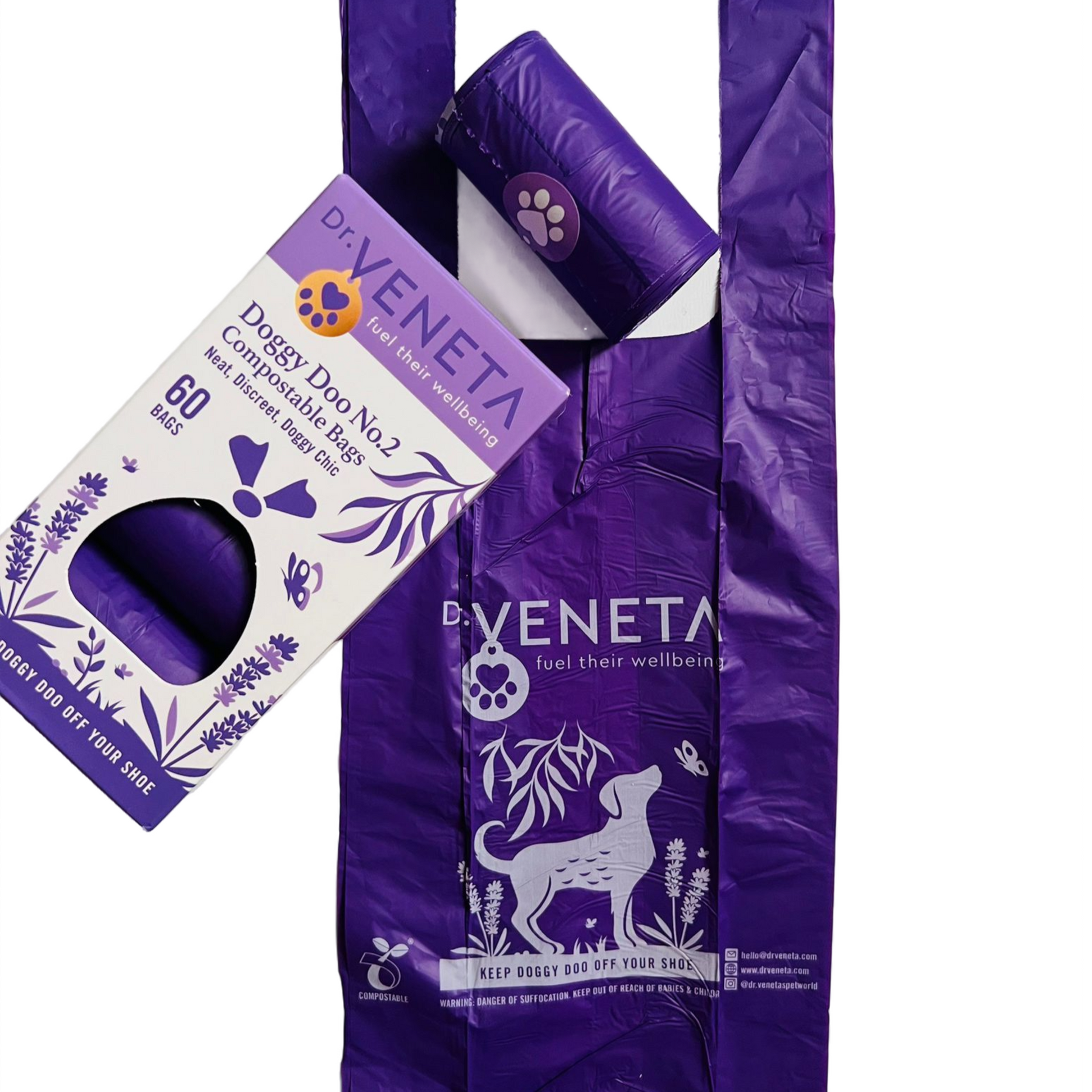 Purple dog waste bag packaging with 'Dr Veneta' branding on a white background