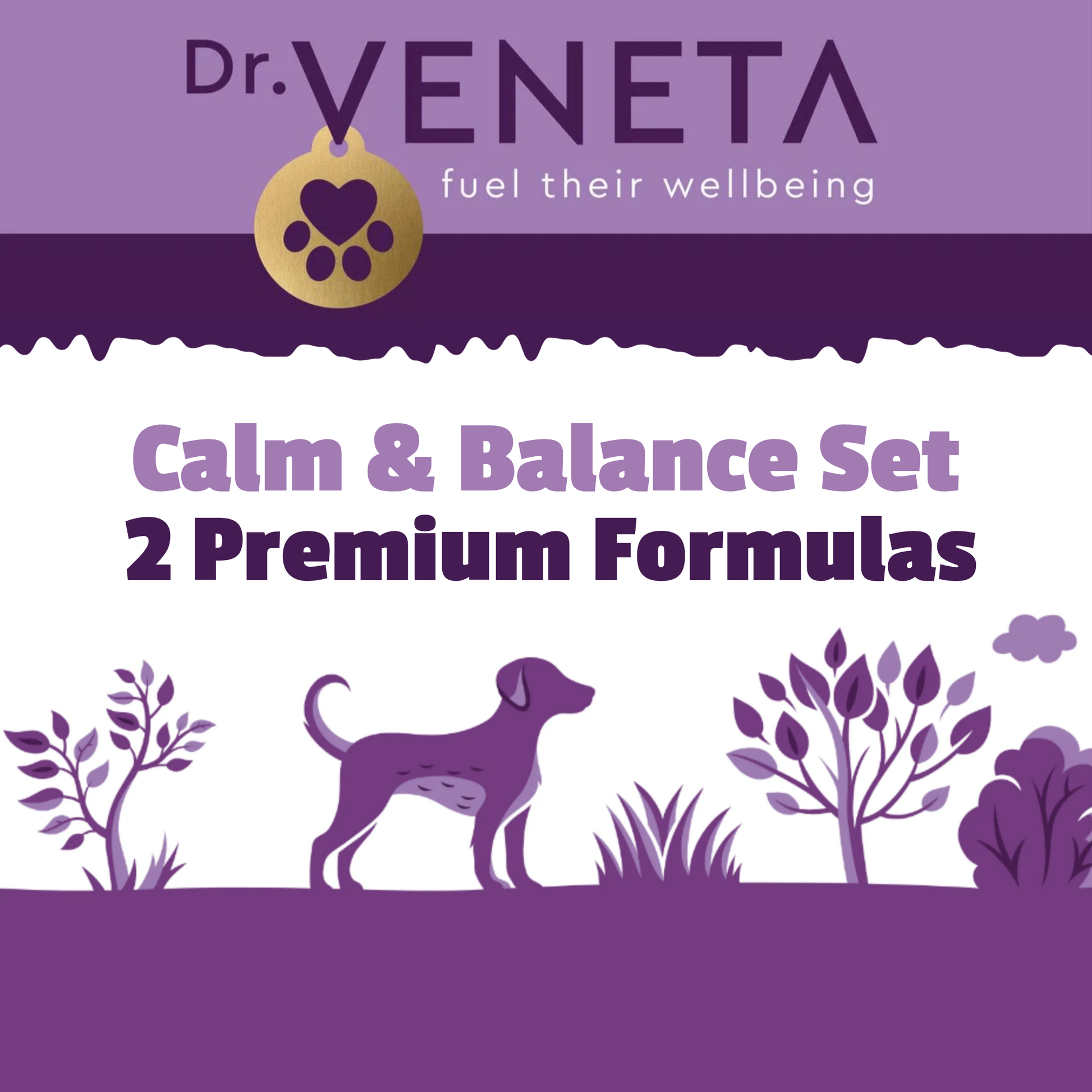 Dr. Veneta product packaging with a purple background, dog illustration, and text about calm and balance set.
