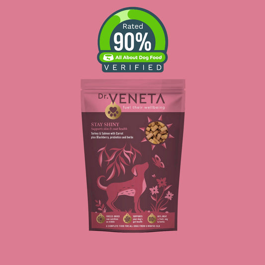 Dr Veneta Stay Shiny turkey and salmon dog food with 90% verified rating badge