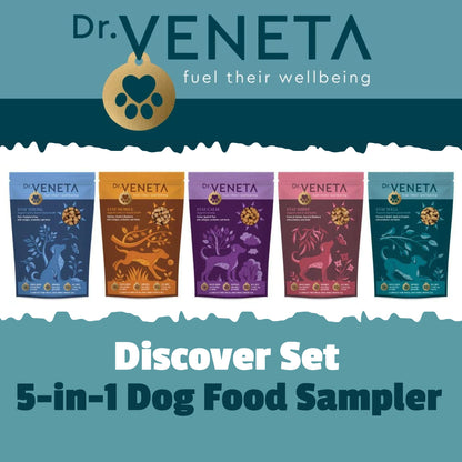 Dr Veneta Discover Set 5-in-1 dog food sampler with all five recipe pouches
