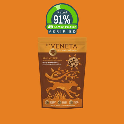 Dr Veneta Stay Mobile dog food with duck, sweet potato and verified 91% rating badge