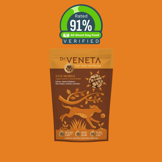 Dr Veneta Stay Mobile dog food with duck, sweet potato and verified 91% rating badge