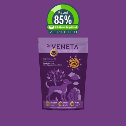 Dr Veneta Stay Calm turkey, apple and pear dog food with 85% verified rating badge