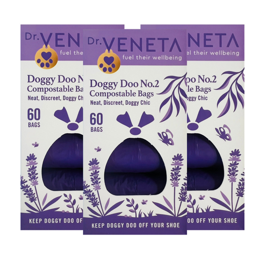 Packaging of Dr. Veneta doggy doo bags with purple bags inside