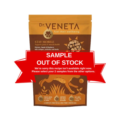 Dr. Veneta pet food package with a 'Sample Out of Stock' banner on a white background