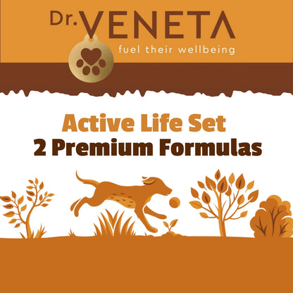 Dr. Veneta pet food packaging with a dog and trees illustration on an orange and white background