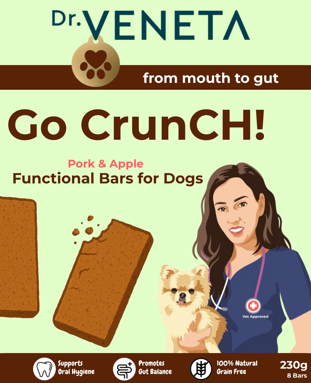 Dr Veneta Go Crunch pork and apple functional bars for dogs
