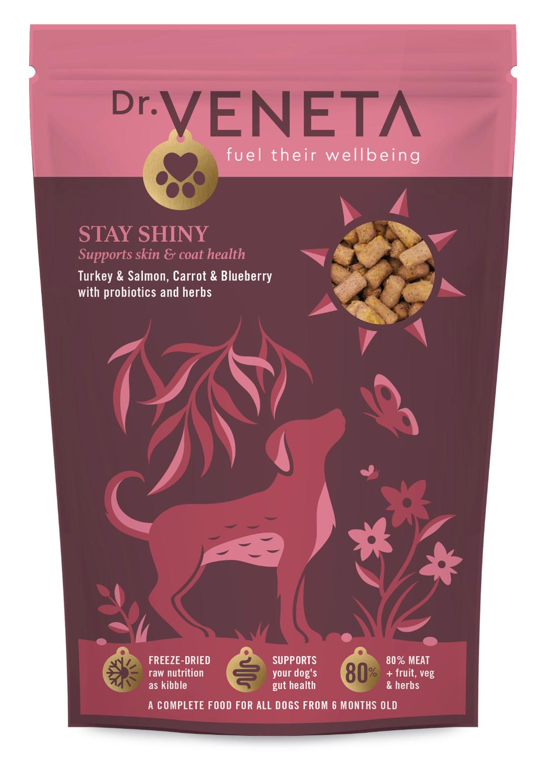 Dr. Veneta  Stay Shiny dog food package with a pink background and dog illustration