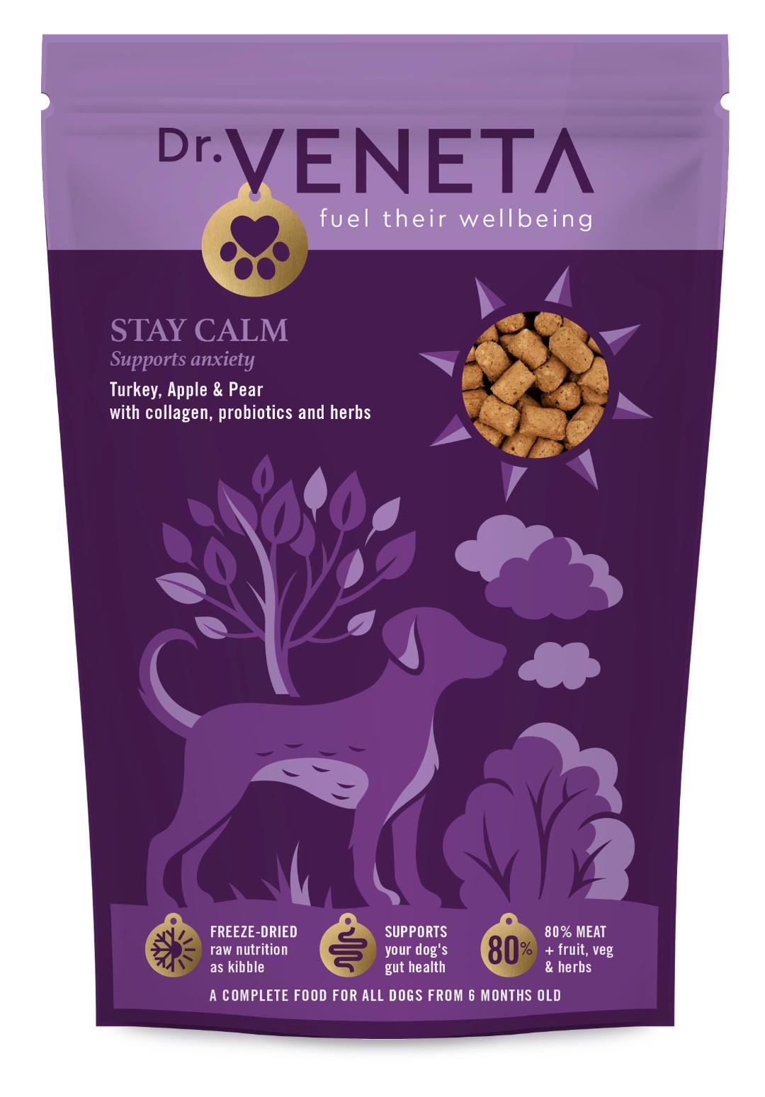 Purple package of Dr. Veneta Stay Calm dog food with a dog illustration on a white background