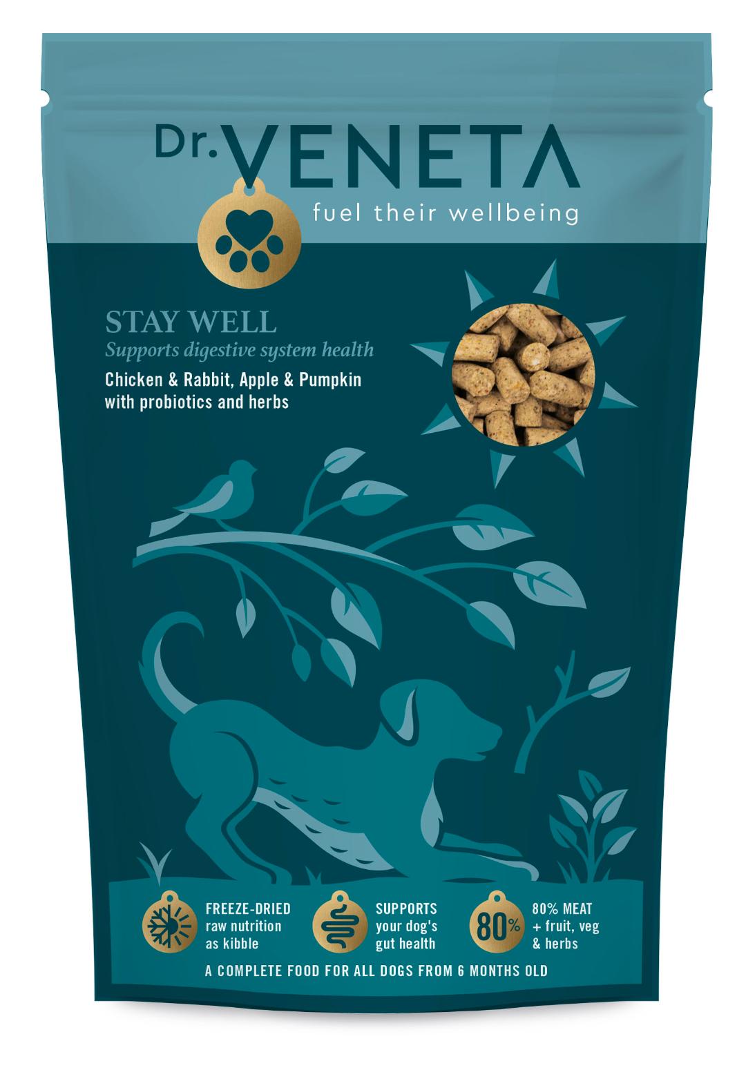 Dr. Veneta Stay Well dog food package on a white background