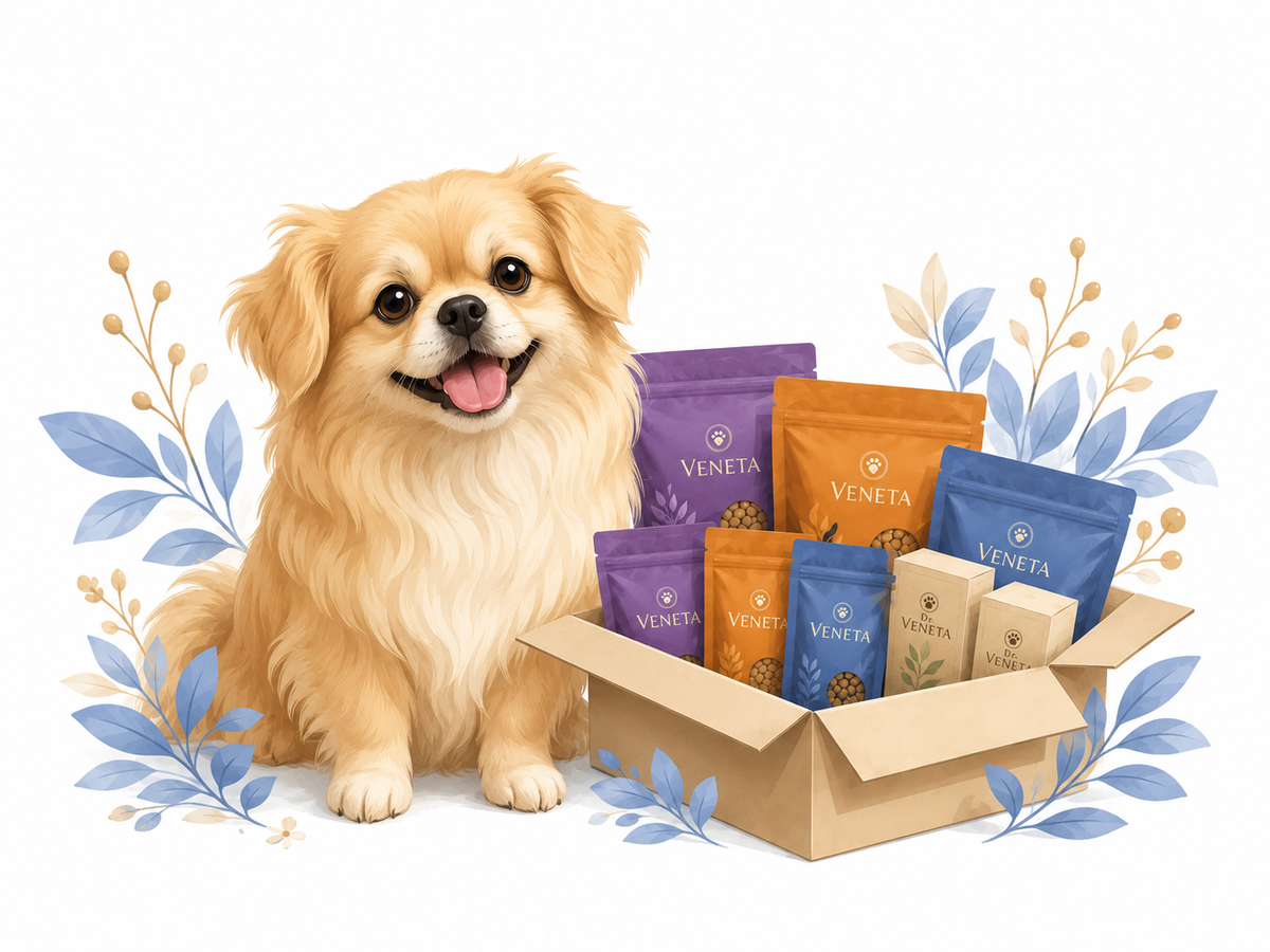 Dog with a box of Veneta pet products on a white background
