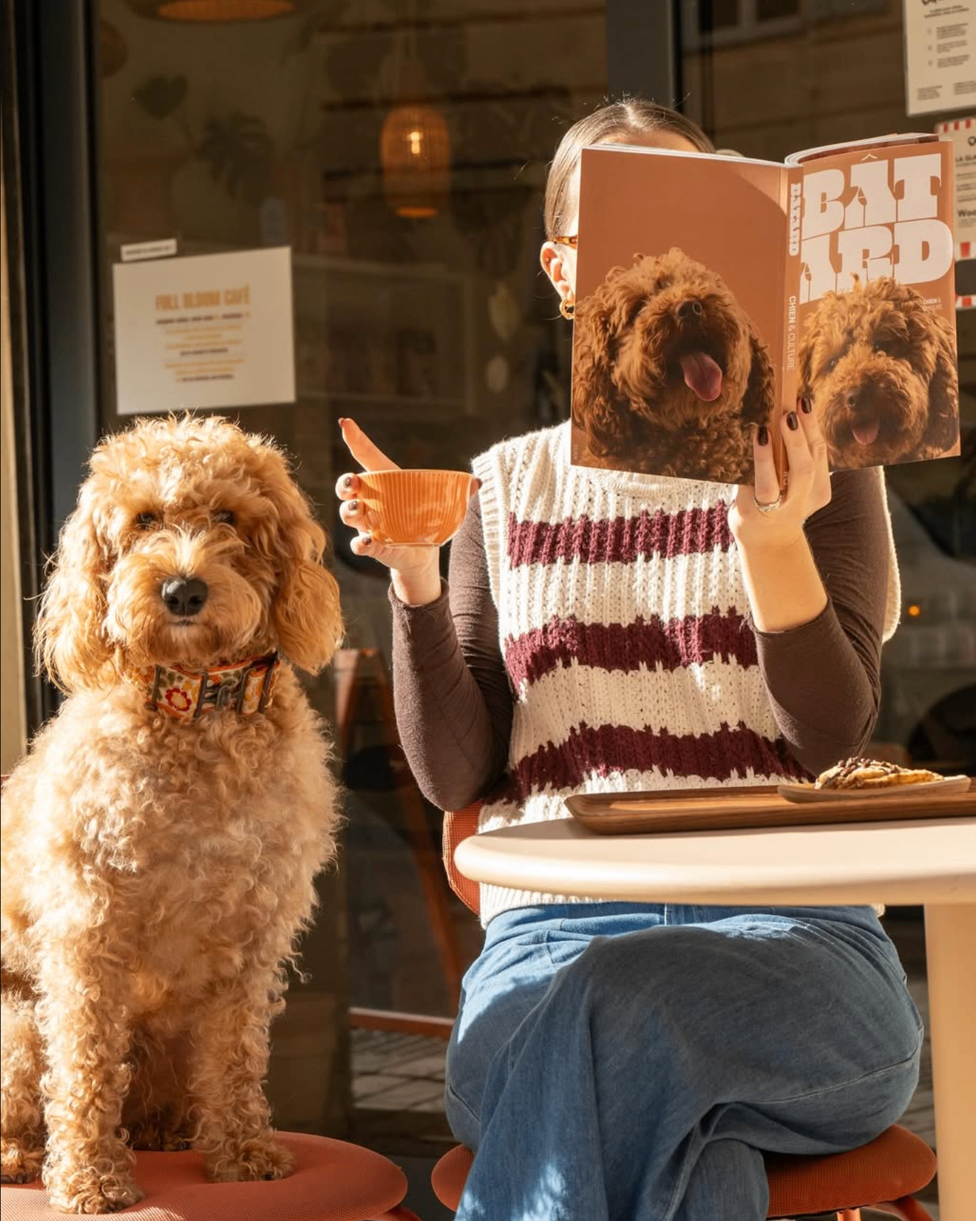 A woman sitting at a cafe table reads a magazine with a dog portrait cover, while a fluffy light brown poodle sits on a stool beside her. The woman wears a white knit sweater with burgundy stripes and blue jeans.