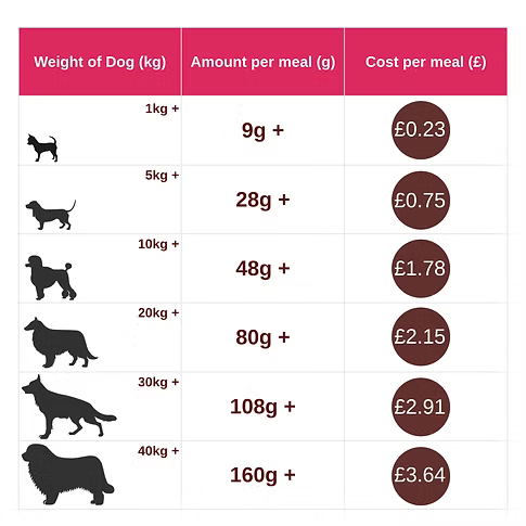 Freeze-dried raw dog food feeding guide showing meal portions and daily costs by dog weight